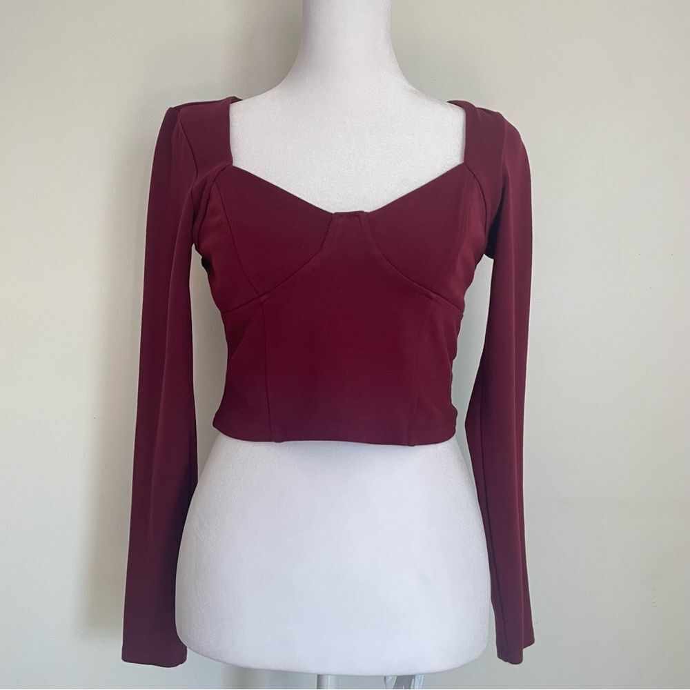 Garage Burgundy Maroon Long Sleeve Corset Style Stretch Crop Top Women’s Size M